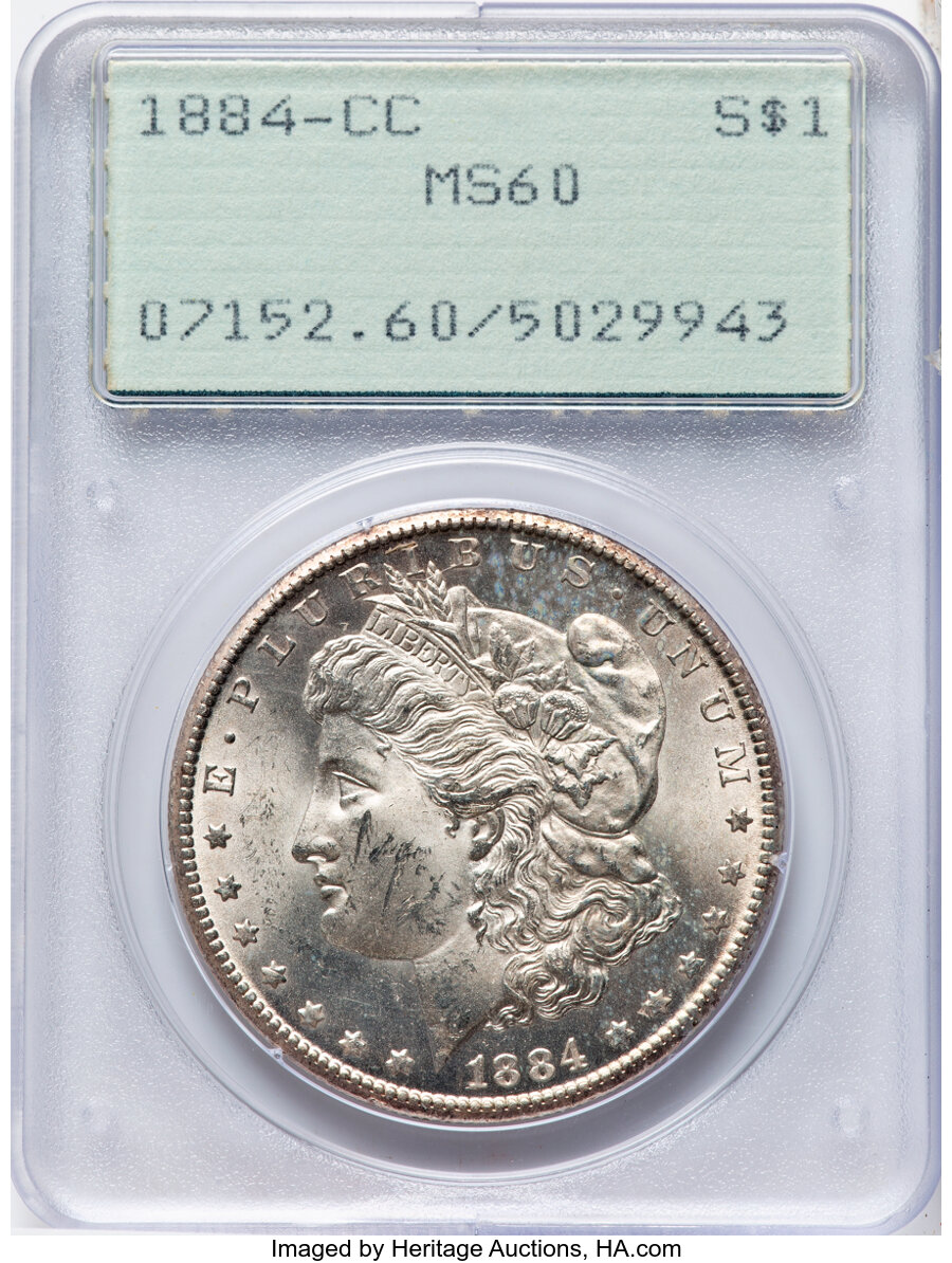 1884-CC $1 MS60 PCGS. Housed in a Generation 1.2 "rattler" holder. Mintage 1,136,000....