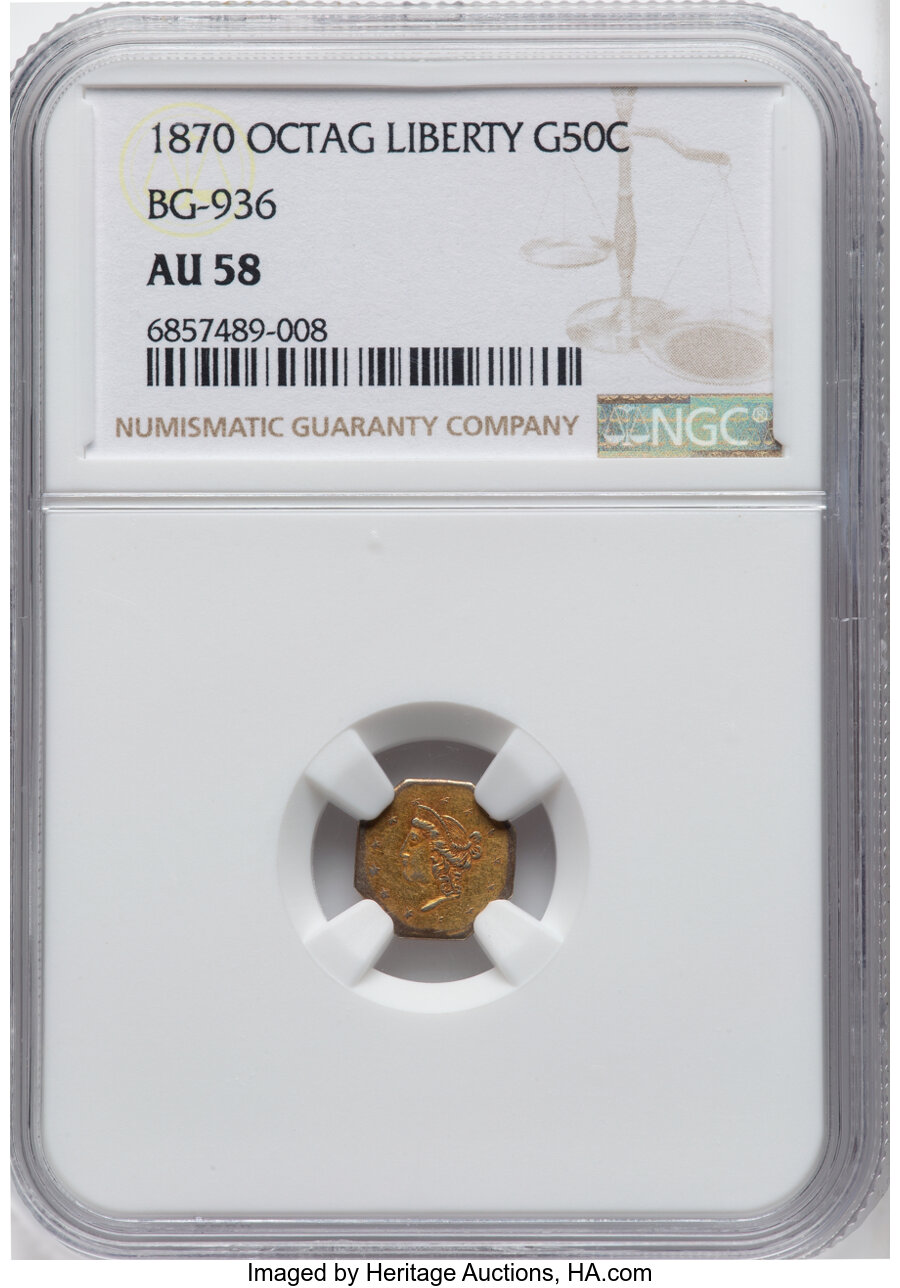 image for: 1870 50C Goofy Head Octagonal 50 Cents, BG-936, Low R.5, AU58 NGC. NGC Census: (2/7).  ...