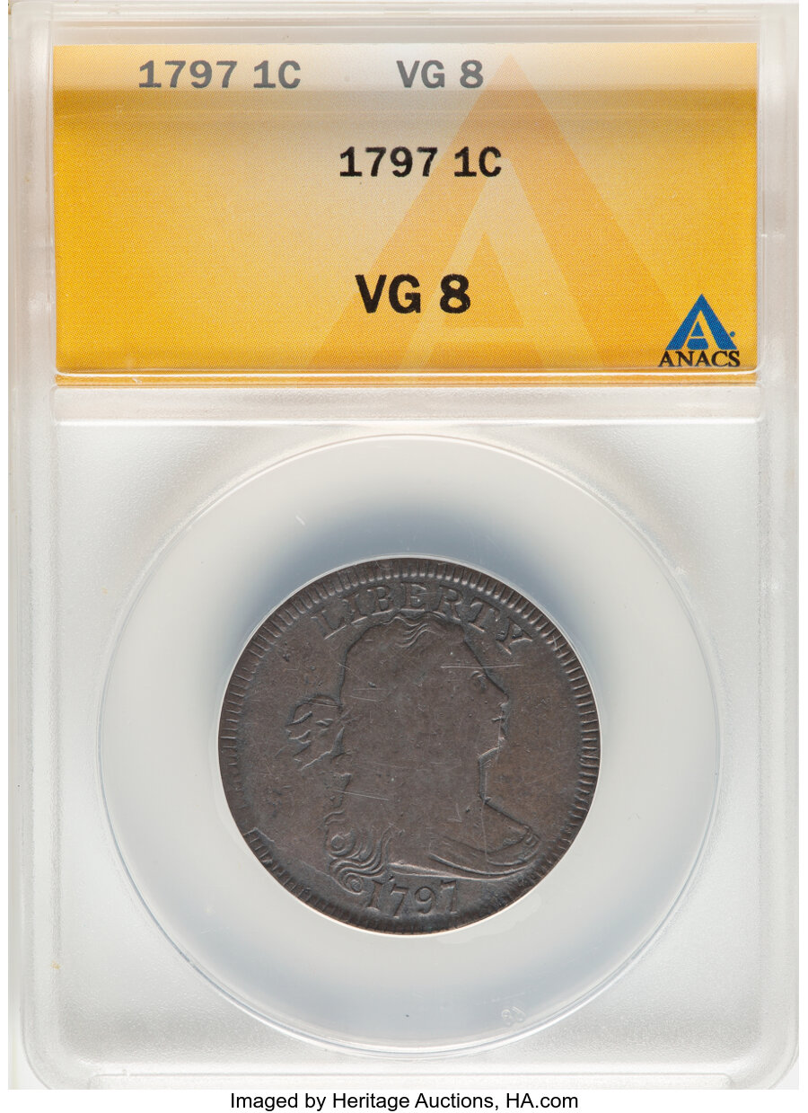 image for: 1797 1C Reverse of 1797, Stems, S-139, B-21, R.1, VG8 ANACS.  Mintage 897,510....