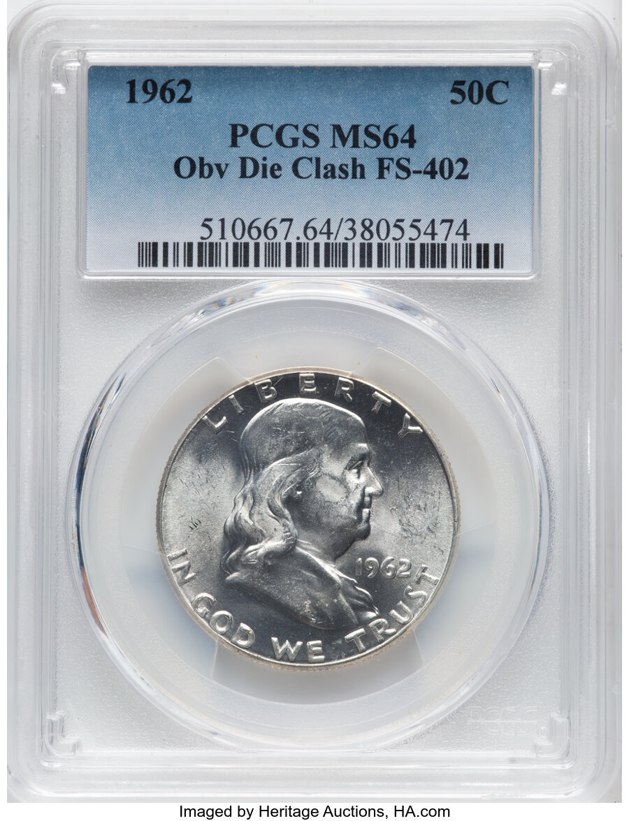 1962 Franklin Half Dollar Obverse Die Clash FS 402 Mint State (MS