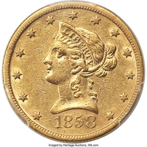 image for: 1858-S $10 AU53 PCGS....