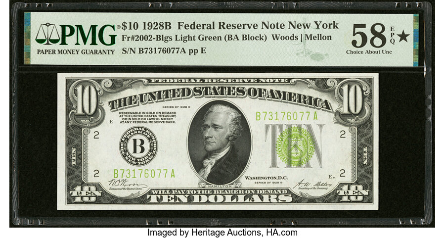 image for: Fr. 2002-B $10 1928B Light Green Seal Federal Reserve Note. PMG Choice About Unc 58 EPQ*....