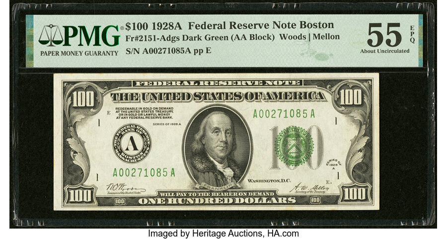 image for: Fr. 2151-A $100 1928A Federal Reserve Note. PMG About Uncirculated 55 EPQ....