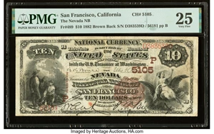 image for: San Francisco, CA - $10 1882 Brown Back Fr. 489 The Nevada National Bank Ch. # (P)5105 PMG Very Fine 25....