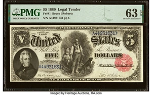 image for: Fr. 81 $5 1880 Legal Tender PMG Choice Uncirculated 63 EPQ....
