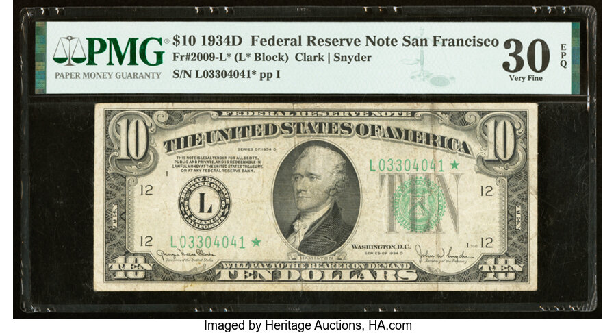 image for: Fr. 2009-L* $10 1934D Federal Reserve Star Note. PMG Very Fine 30 EPQ....