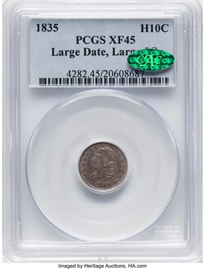 image for: 1835 H10C Large Date, Large 5C, V-4, LM-7, R.3, XF45 PCGS. CAC. Mintage 2,760,000....