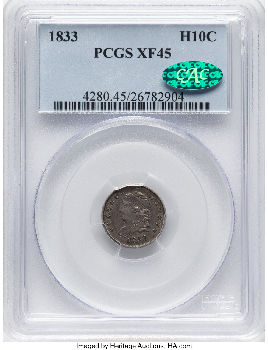 image for: 1833 H10C V-6, LM-9, R.2, XF45 PCGS. CAC. Mintage 1,370,000....