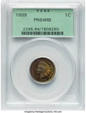 image for: 1869 1C PR64 Red and Brown PCGS. This piece is housed in a Generation 3.1 green label holder. Mintage 600.From T...