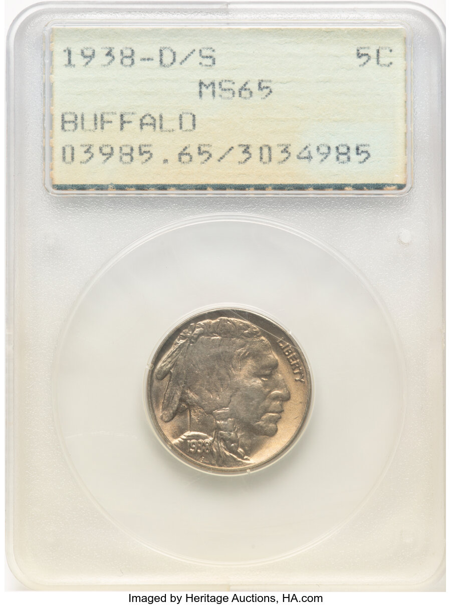 image for: 1938-D/S 5C Buffalo, FS-511, MS65 PCGS.  This piece is housed in a Generation 1.2 "rattler" holder. Mintage 7,020,000....