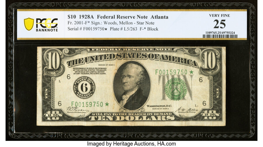 image for: Fr. 2001-F* $10 1928A Federal Reserve Star Note. PCGS Banknote Very Fine 25....