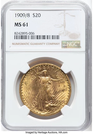 image for: 1909/8 $20 FS-301 MS61 NGC. Mintage 161,282. ...