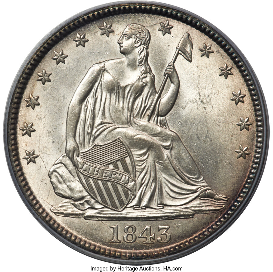 image for: 1843 50C Repunched Date, WB-102, Die Pair 18, R.3, MS64 PCGS....