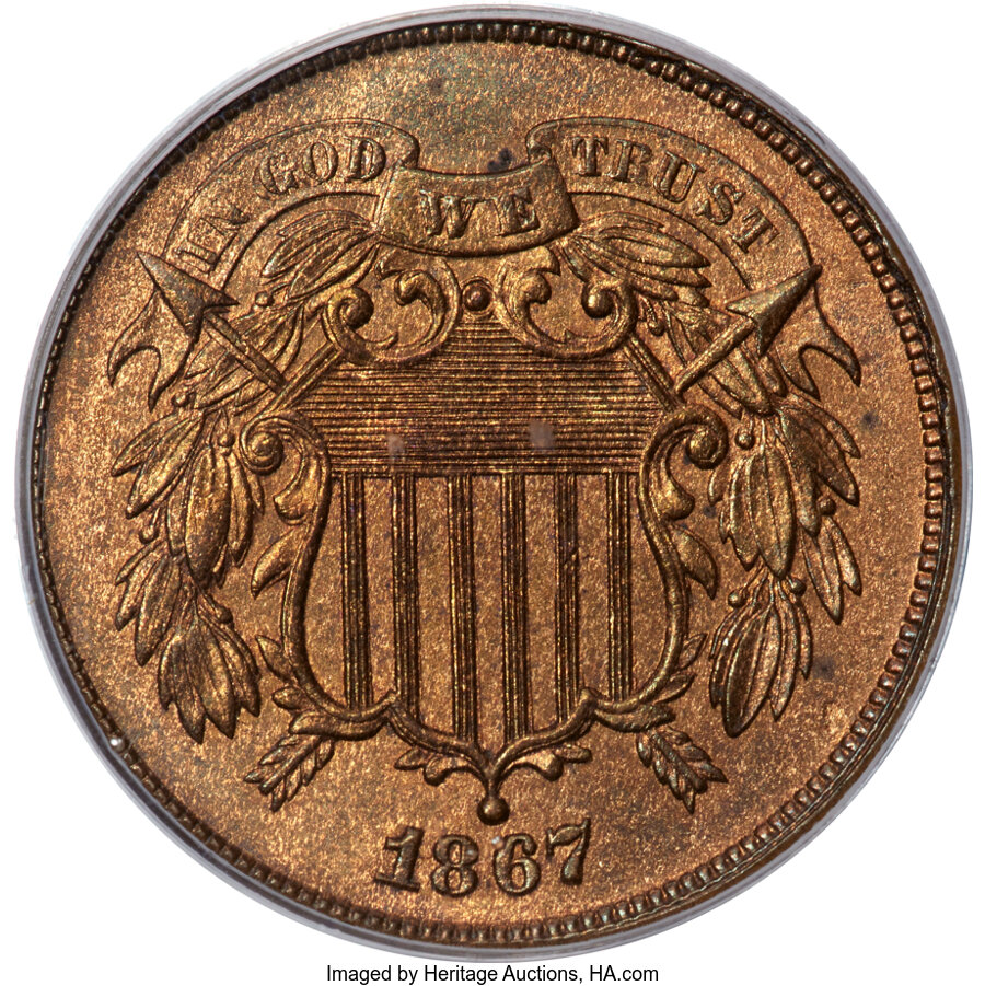 image for: 1867 2C Doubled Die Obverse, FS-101, MS65 Red and Brown PCGS....