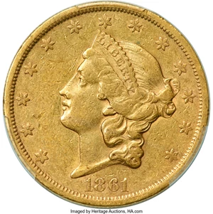 image for: 1861-S $20 Paquet AU50 PCGS....