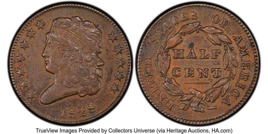 image for: 1828 1/2 C 12 Stars, C-2, B-3, R.2, XF45 PCGS. CAC. CAC Population: (0/8). Mintage 606,000....