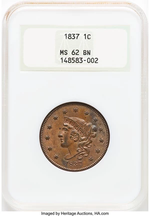 image for: 1837 1C Plain Cords, Medium Letters, N-7, N-8, R.1, MS62 Brown NGC. Housed in a Generation 4 premium holder. Fro...