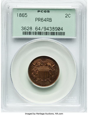image for: 1865 2C Plain 5 PR64 Red and Brown PCGS. This piece is housed in a Generation 3.0 green label holder. PCGS Population: (60/...