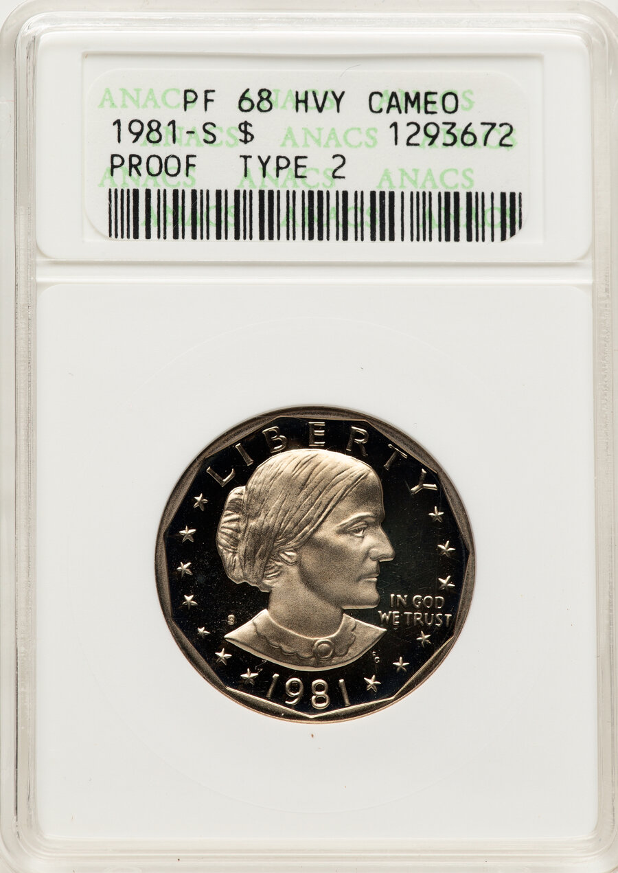 image for: 1981-S SBA$1 TYPE 2 PR68 Heavy Cameo ANACS. Housed in a small-sized holder. Mintage 4,063,083....