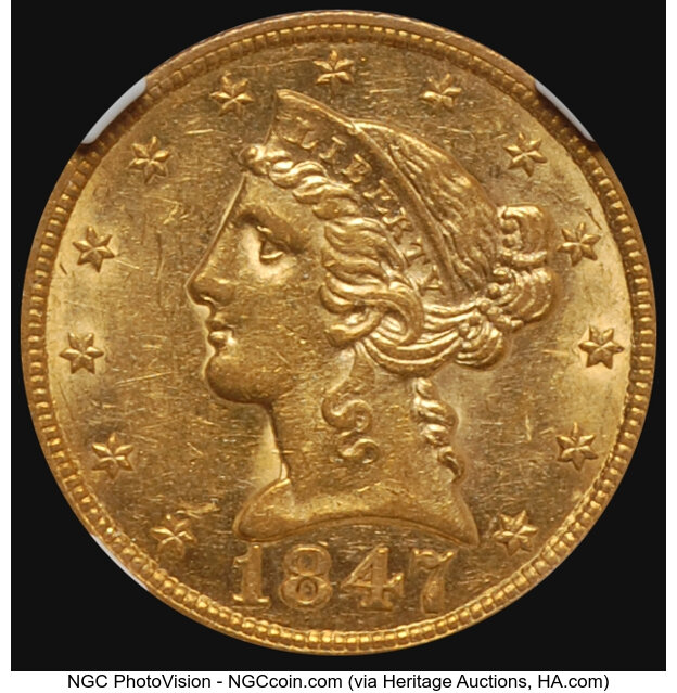image for: 1847 $5 Misplaced Date, FS-302, AU58 NGC. NGC Census: (12/1).  Mintage 915,981. ...