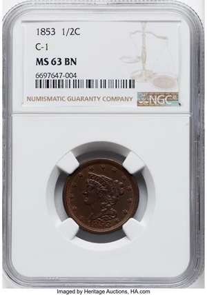 image for: 1853 1/2 C C-1, B-1, R.1, MS63 Brown NGC. Mintage 129,694. ...