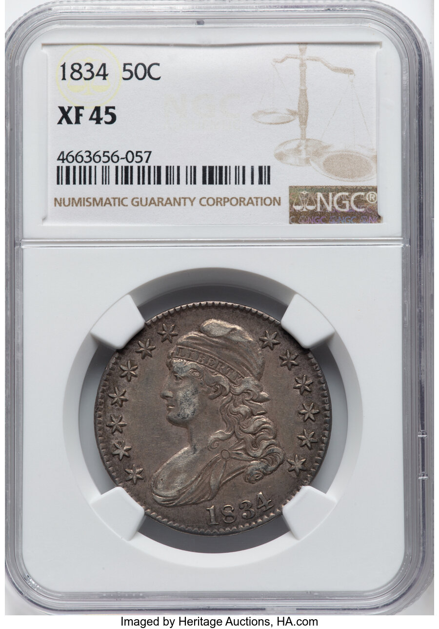 image for: 1834 50C Large Date, Large Letters, O-103, R.2, XF45 NGC.  Mintage 6,412,004....