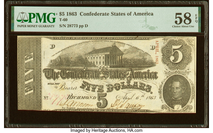 image for: T60 $5 1863 PF-4 Cr. 450 PMG Choice About Unc 58 EPQ....