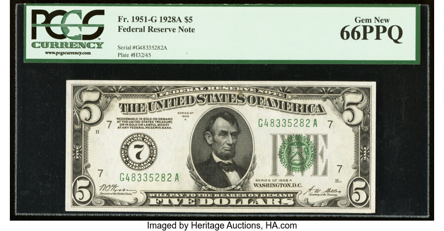 image for: Fr. 1951-G $5 1928A Federal Reserve Note. PCGS Gem New 66PPQ....