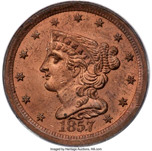 image for: 1857 1/2 C C-1, B-1, R.2, MS64 Red PCGS....