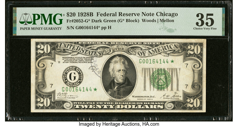 image for: Fr. 2052-G* $20 1928B Federal Reserve Star Note. PMG Choice Very Fine 35....