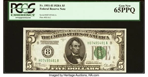 image for: Fr. 1951-H $5 1928A Federal Reserve Note. PCGS Gem New 65PPQ....