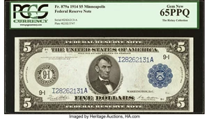image for: Fr. 879a $5 1914 Federal Reserve Note PCGS Gem New 65PPQ....
