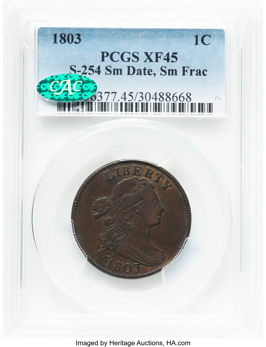 image for: 1803 1C Small Date, Small Fraction, S-254, B-13, R.1, XF45 PCGS. CAC. CAC Population: (2/2)....