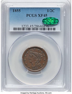 image for: 1855 1/2 C C-1, B-1, R.1, XF45 PCGS. CAC. CAC Population: (0/26)....