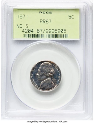 image for: 1971 5C No S PR67 PCGS. This piece is housed in a PCGS green label holder. PCGS Population: (12/14). Mintage 1,655....