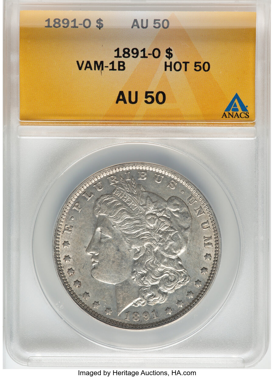 image for: 1891-O $1 Pitted Reverse, VAM-1B, AU50 ANACS.  A Hot 50 Variety....
