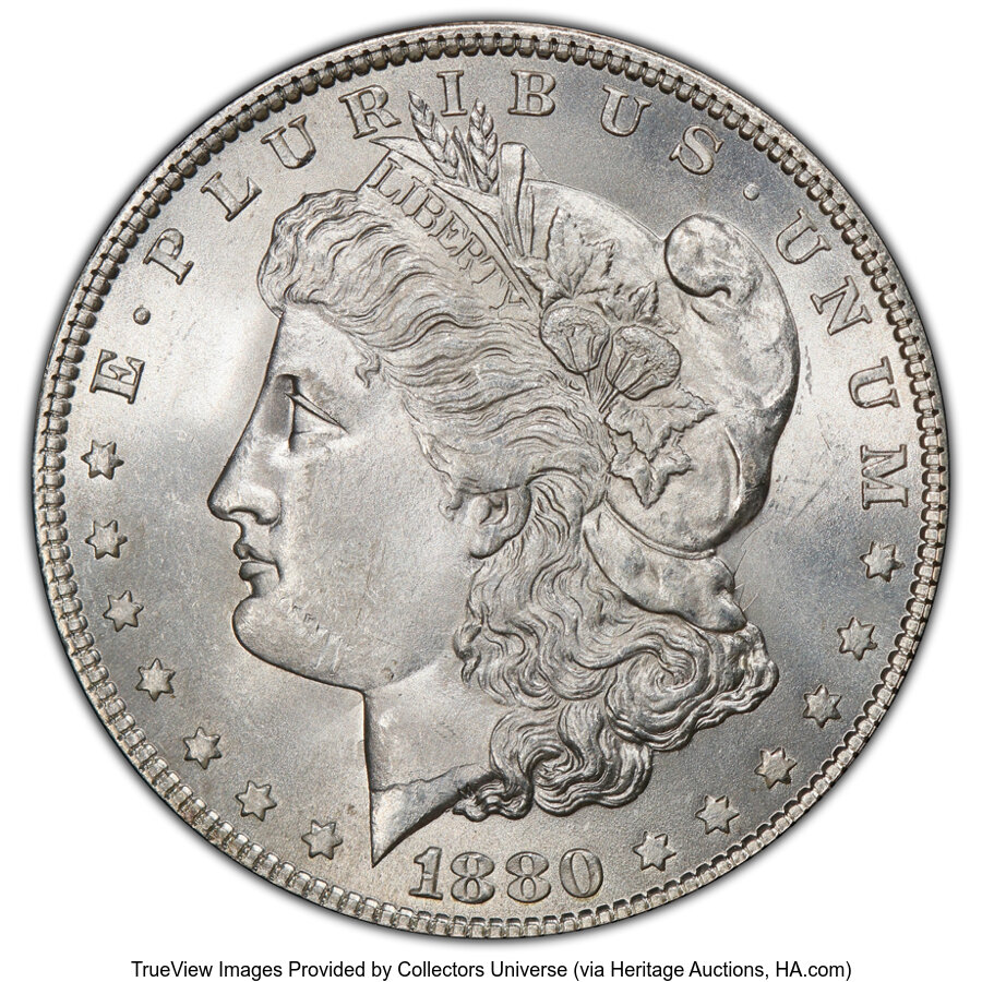 image for: 1880 $1 Clashed "IN," VAM-32A MS64 PCGS. A Hit List 40 Variety. PCGS Population: (26/4 and 2/0+)....