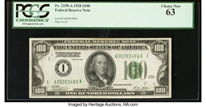 image for: Fr. 2150-A $100 1928 Federal Reserve Note. PCGS Choice New 63....