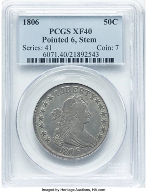 image for: 1806 50C Pointed 6, Stem, O-120a, T-28, R.4, XF40 PCGS. Tompkins Die State 2/5 with a die break on the shield. PCGS Populat...