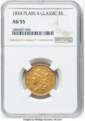 image for: 1834 $5 Plain 4, HM-3, R.2, AU55 NGC. NGC Census: (2/0). Mintage 657,460. ...