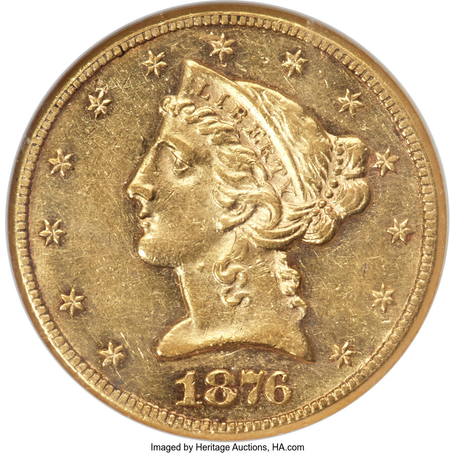 image for: 1876-CC $5 AU58 NGC. Winter 1-A....