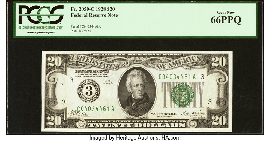 image for: Fr. 2050-C $20 1928 Federal Reserve Note. PCGS Gem New 66PPQ....