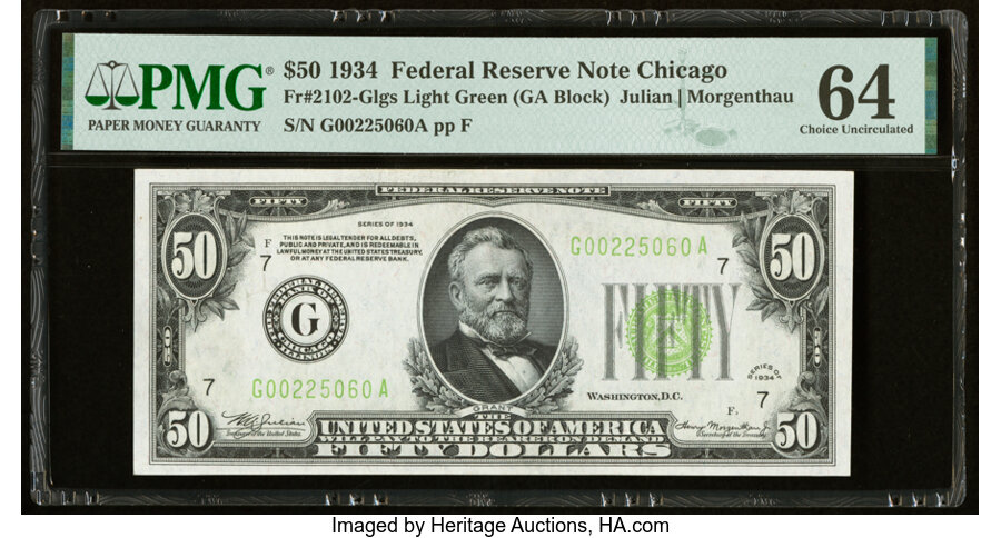 image for: Fr. 2102-G $50 1934 Light Green Seal Federal Reserve Note. PMG Choice Uncirculated 64....
