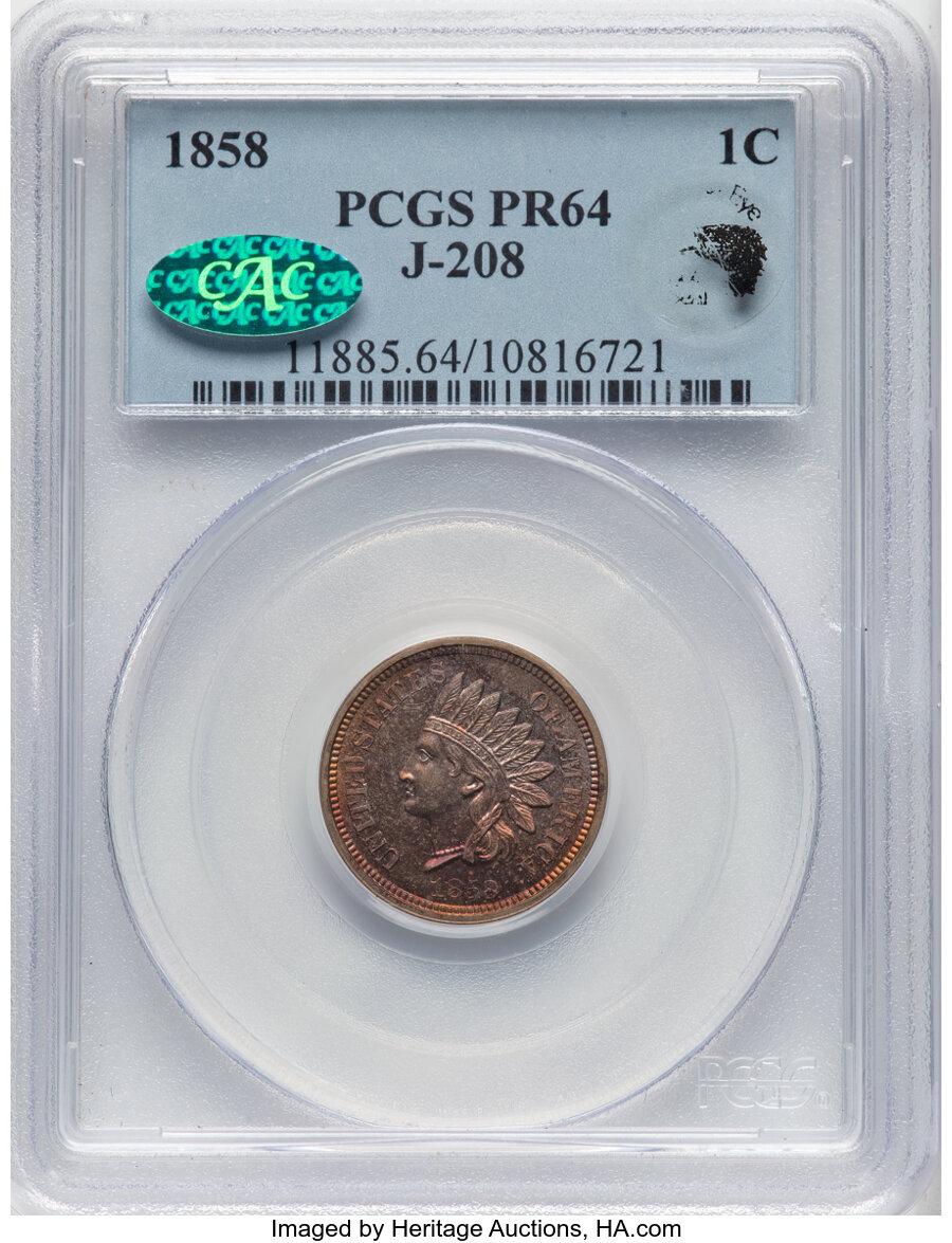 image for: 1858 P1C Indian Cent, Judd-208, Pollock-259, R.1, PR64 PCGS. CAC. Eagle Eye photo seal, card included. PCGS Population: (43...