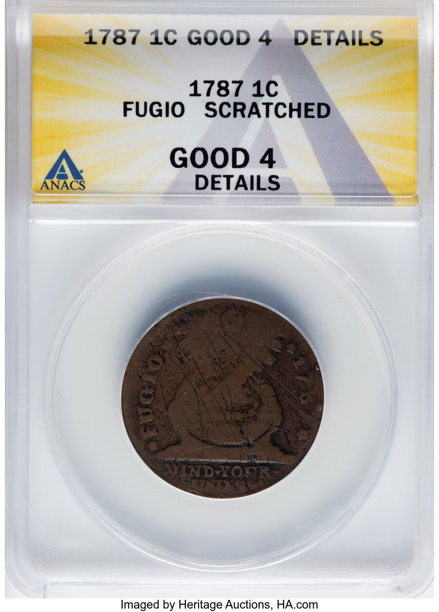 image for: 1787 1C Fugio Cent, STATES UNITED, 4 Cinquefoils, Pointed Rays, N. 9-P, W-6755, R.4 -- Scratched -- ANACS Details. Good 4....