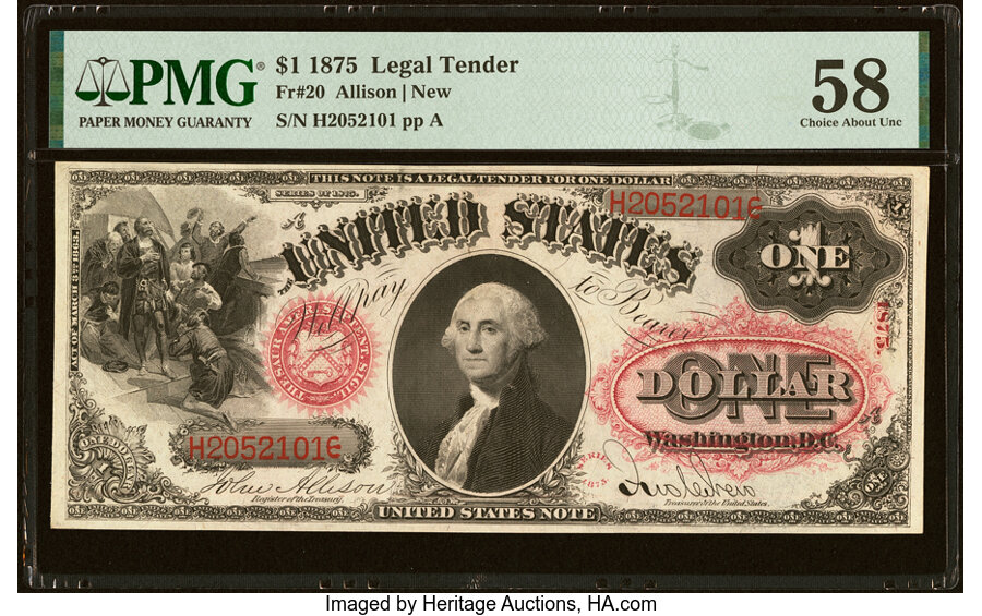 image for: Fr. 20 $1 1875 Legal Tender PMG Choice About Unc 58....
