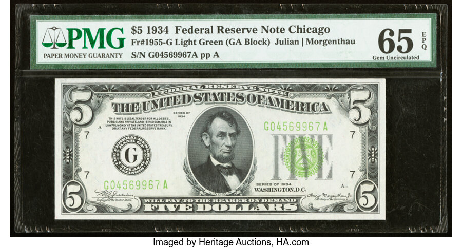 image for: Fr. 1955-G $5 1934 Light Green Seal Federal Reserve Note. PMG Gem Uncirculated 65 EPQ....