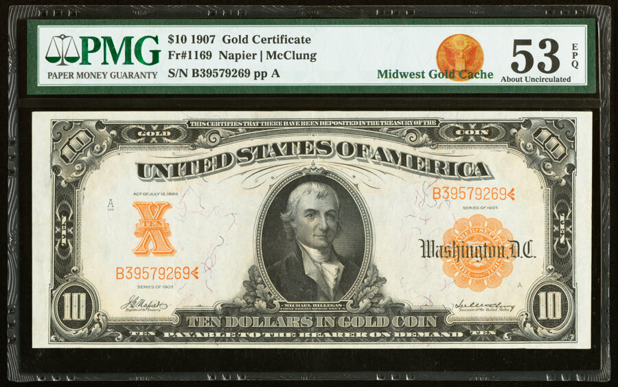 image for: Fr. 1169 $10 1907 Gold Certificate PMG About Uncirculated 53 EPQ....