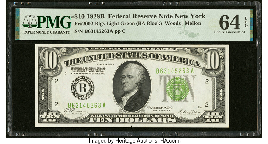 image for: Fr. 2002-B $10 1928B Light Green Seal Federal Reserve Note. PMG Choice Uncirculated 64 EPQ....