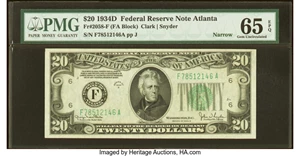 image for: Fr. 2058-F $20 1934D Federal Reserve Note. PMG Gem Uncirculated 65 EPQ....